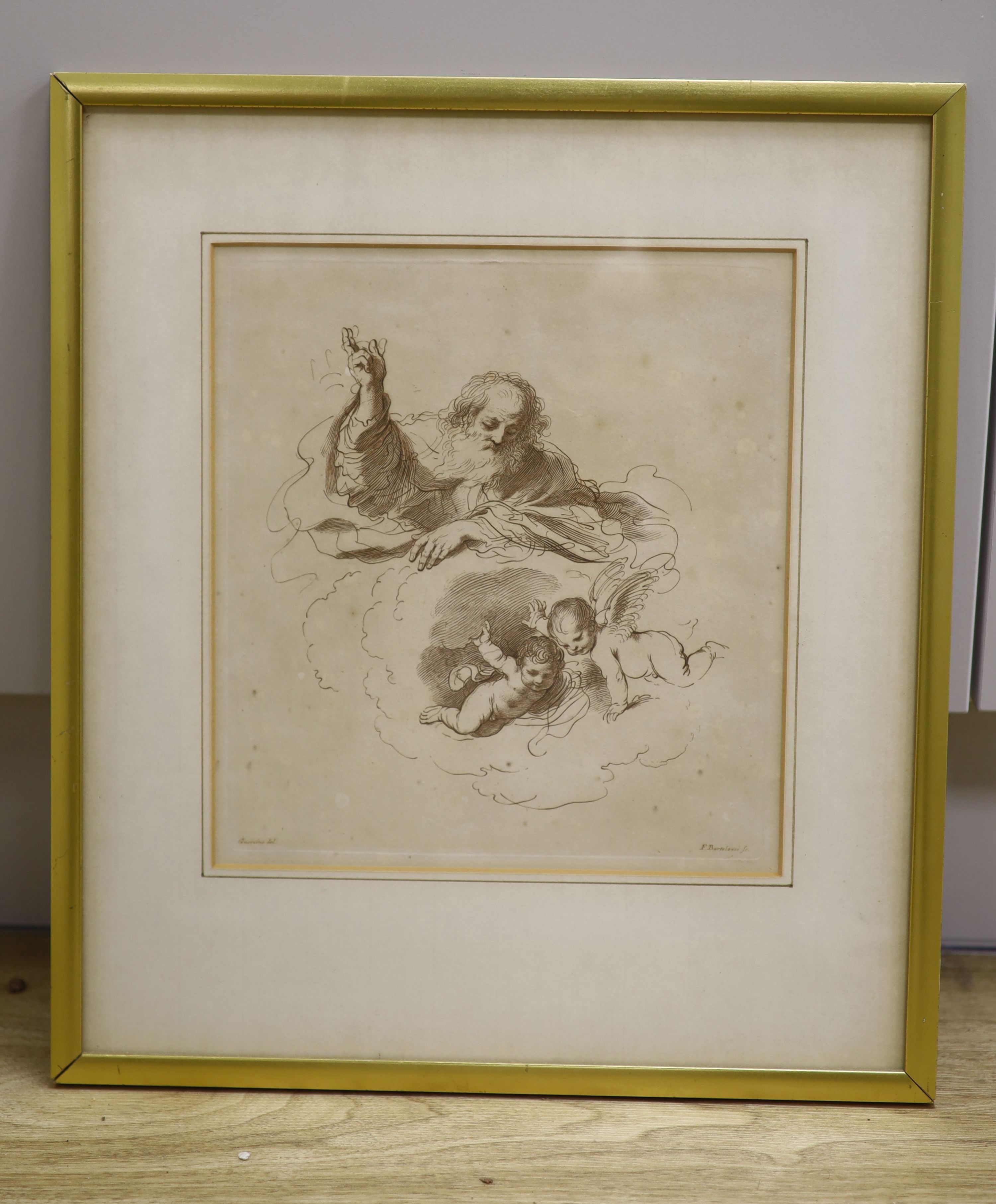 Bartolozzi after Guerrino, sepia engraving, Bird and cherubs, 25 x 23cm